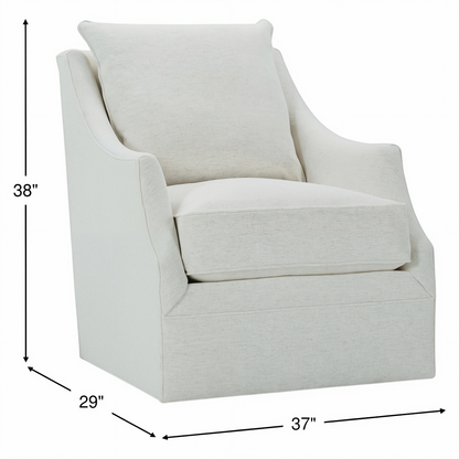 Light beige swivel glider chair with tall arms and boxy upholstered base