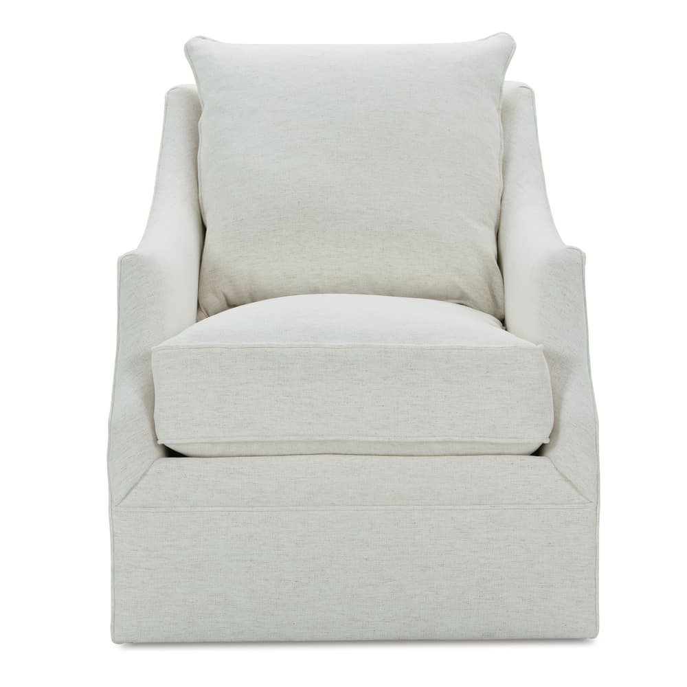 Light beige swivel glider chair with squared base and two matching back cushions