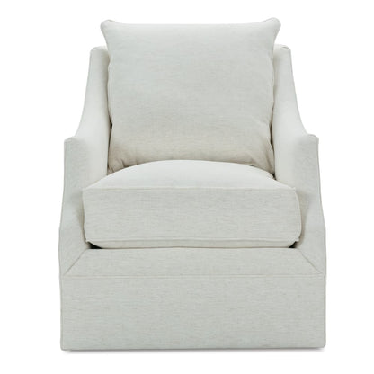 Light beige swivel glider chair with squared base and two matching back cushions