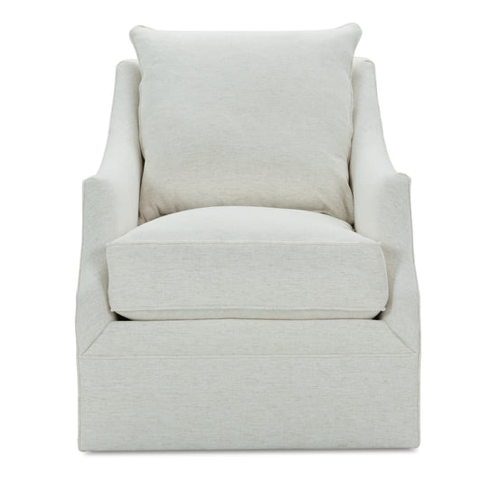 Light beige swivel glider chair with squared base and two matching back cushions