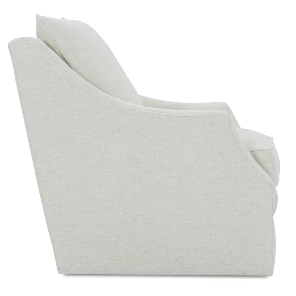 Light beige swivel glider chair, angled side view with padded arms and seat