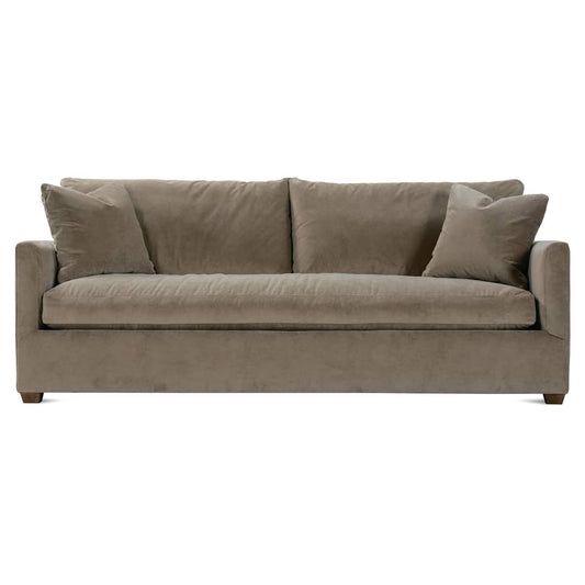 Taupe bench sofa with square arms and three back cushions