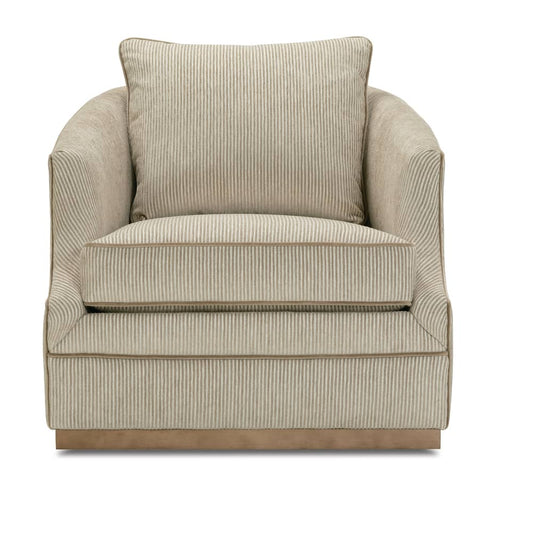 Light beige striped swivel accent chair front view with tall back cushion