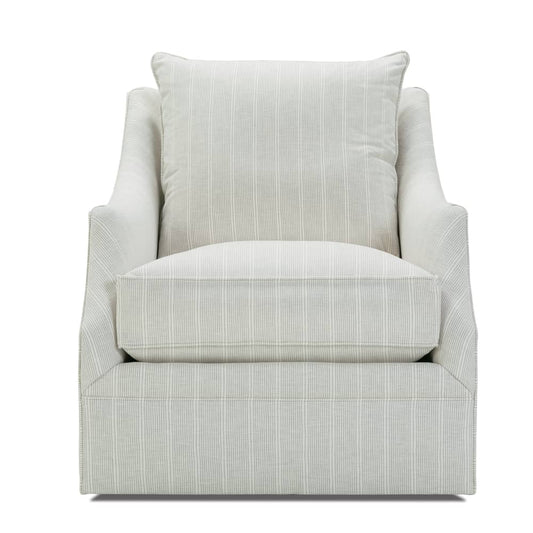 Light gray striped swivel accent chair with cushioned seat and back pillows