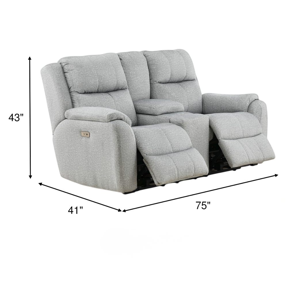 Gray power reclining console loveseat with cushioned armrests and chaise footrest