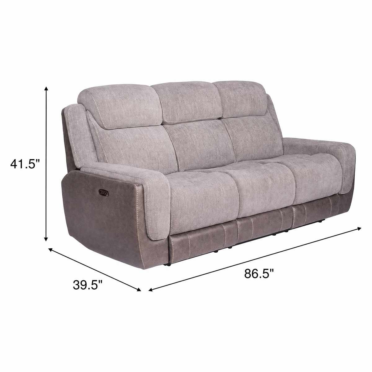 Grey power reclining sofa with labeled dimensions 86.5 in wide and 41.5 in high