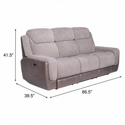 Grey power reclining sofa with labeled dimensions 86.5 in wide and 41.5 in high