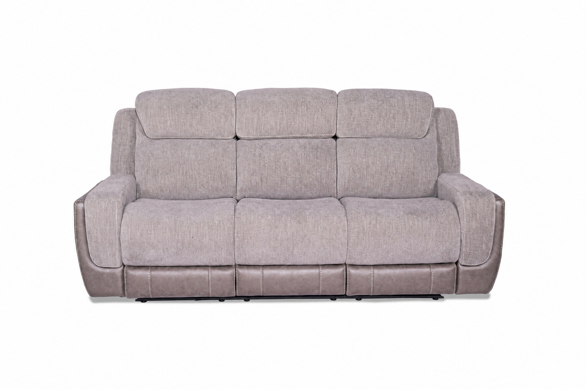 Grey fabric power reclining sofa with three seat back cushions and wide padded arms