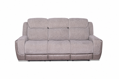 Grey fabric power reclining sofa with three seat back cushions and wide padded arms
