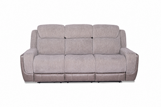 Grey fabric power reclining sofa with three seat back cushions and wide padded arms