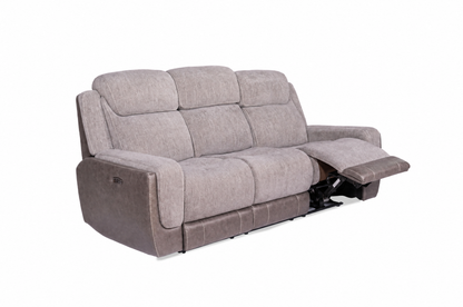 Grey fabric power reclining sofa with one side reclined and a partially extended footrest