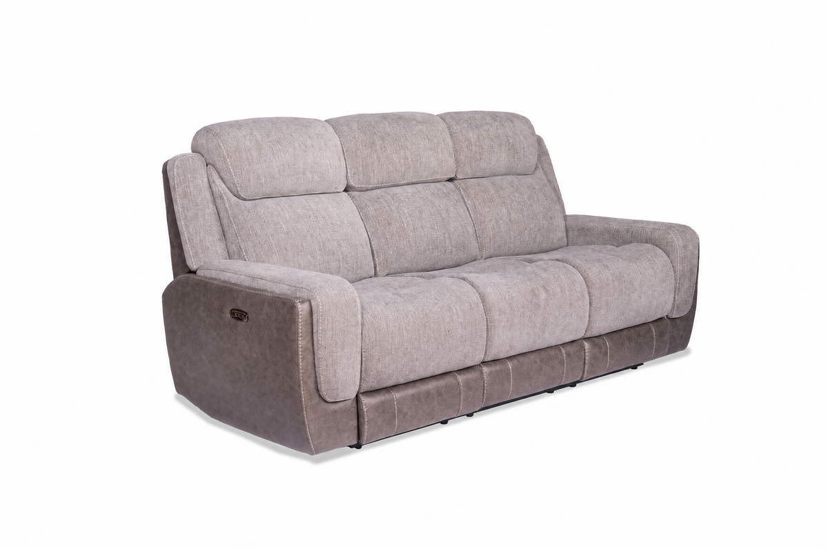 Grey fabric power reclining sofa shown from the side with wide arm and cushion sections