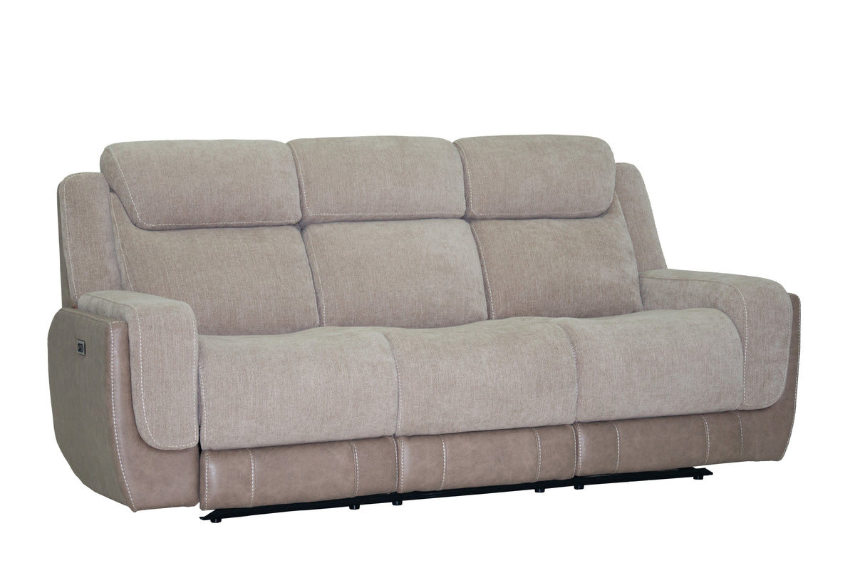 Sand fabric power reclining sofa from a front side angle with padded arm panels