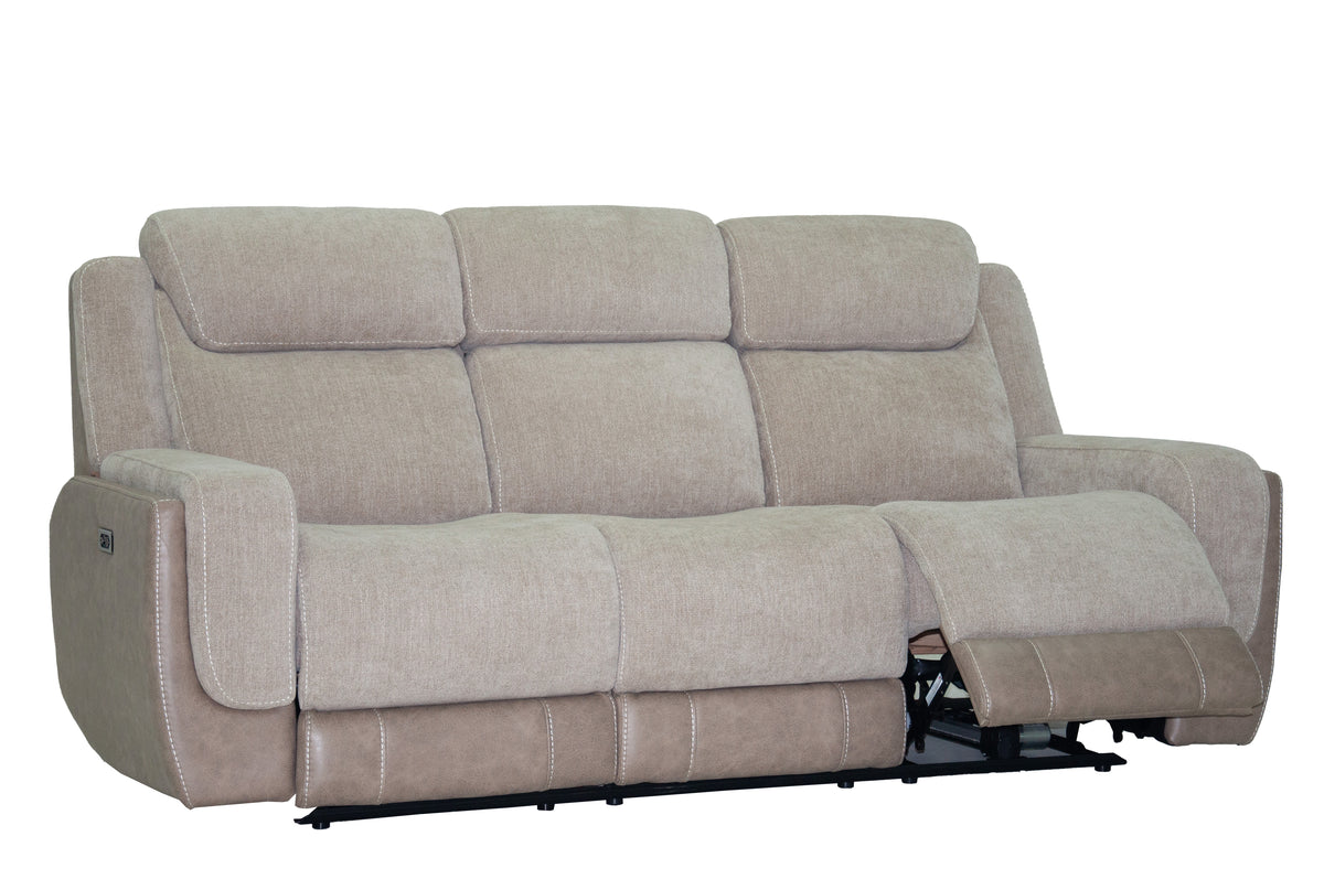 Sand fabric power reclining sofa with one reclined seat section and visible footrest hardware