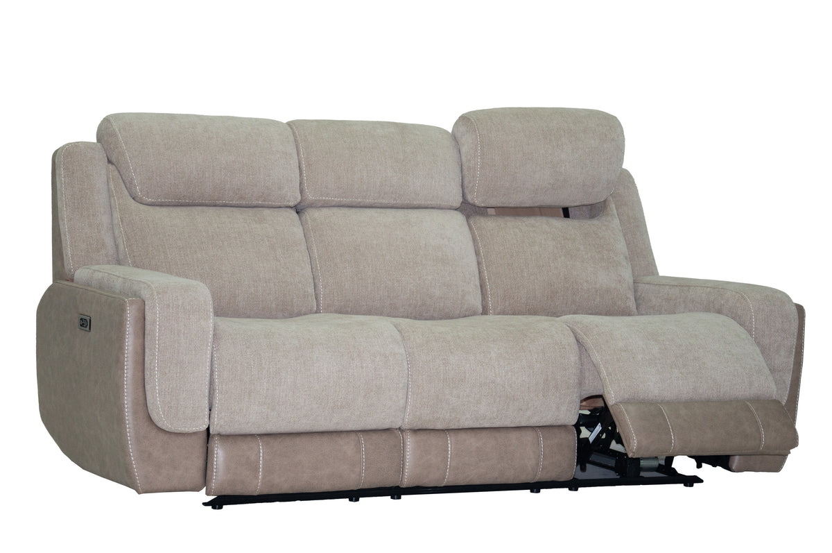 Sand fabric power reclining sofa with recline mechanism visible under the right seat