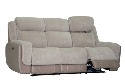 Sand fabric power reclining sofa with recline mechanism visible under the right seat