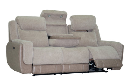 Grey upholstered power reclining sofa with padded armrests and drop-down table