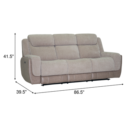 Sand power reclining sofa with labeled dimensions 86.5 in wide and 41.5 in high