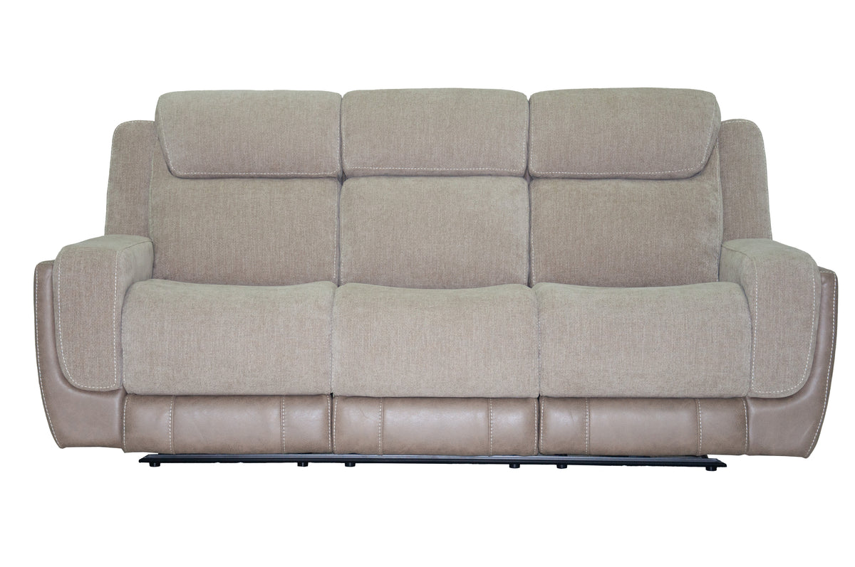 Sand fabric power reclining sofa with three back cushions and matching padded arms