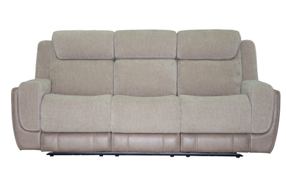 Sand fabric power reclining sofa with three back cushions and matching padded arms