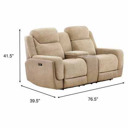 Sand power console loveseat with padded arms, recline seats, and side control panel
