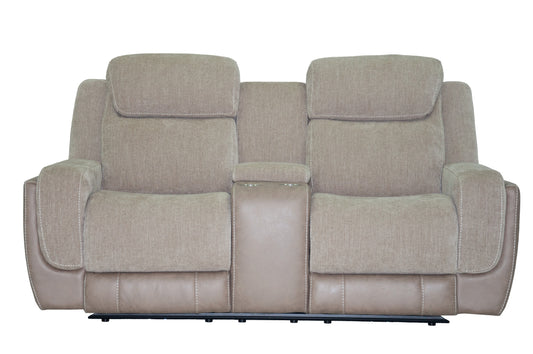 Light sand fabric power reclining loveseat with padded headrests and center console