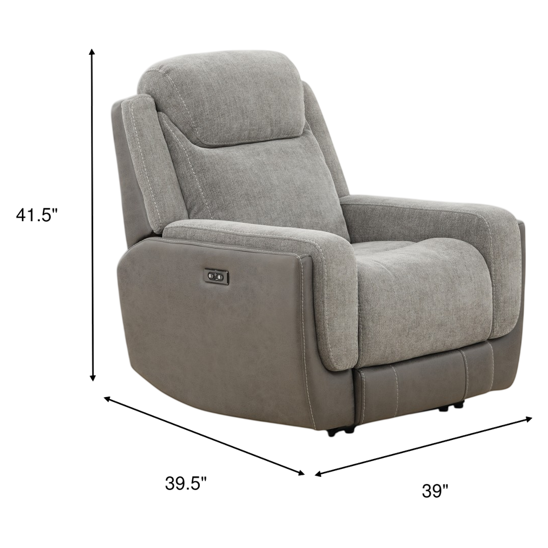 Grey fabric power recliner chair with side control panel and padded armrests