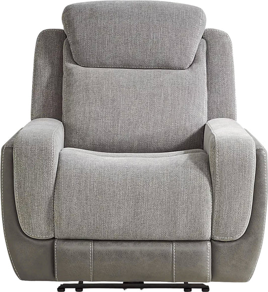 Grey power recliner with high padded headrest and armrests, front view