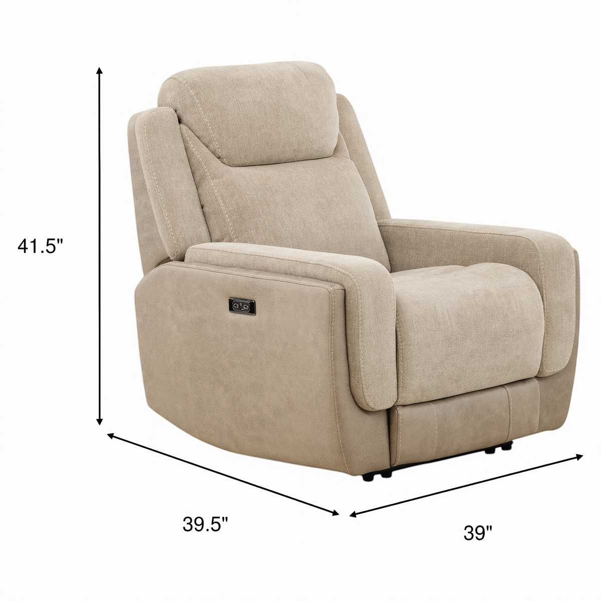 Sand fabric power recliner chair with side control panel and padded armrests