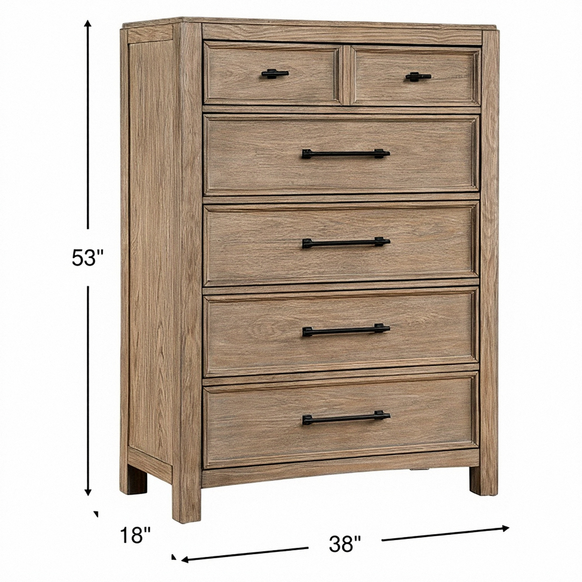 Oakleigh chest of drawers with four light wood drawers and black bar pulls