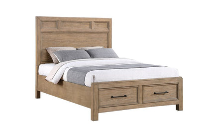 Wood storage bed with paneled headboard and two drawers, gray and white comforter set
