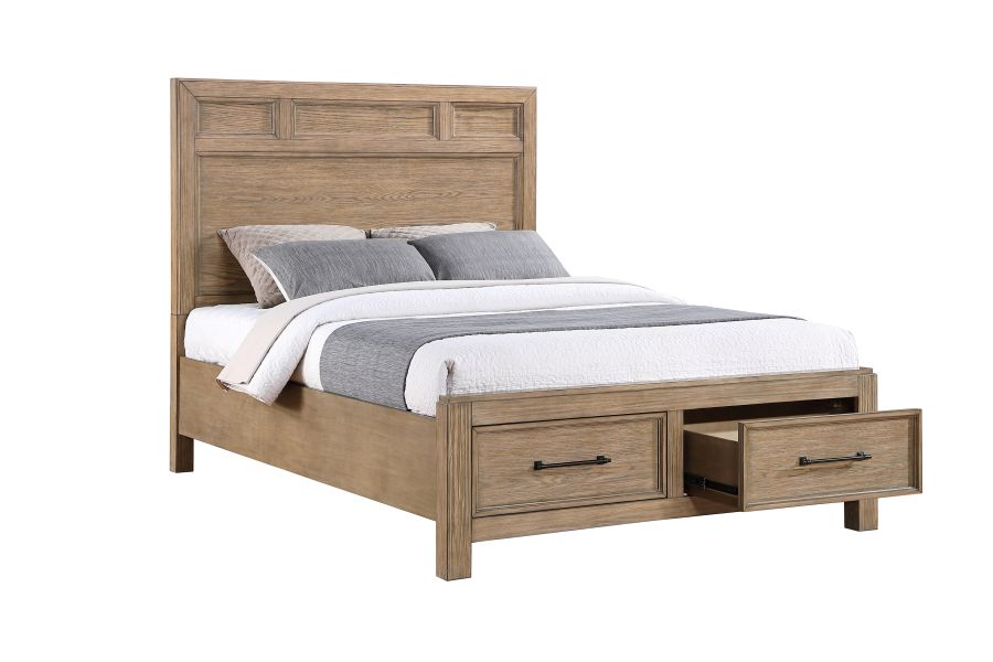 Wood storage bed with slatted headboard, two drawer fronts, gray and white bedding, side view