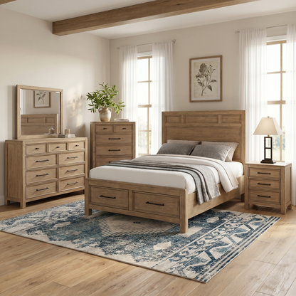 Light wood dresser with multiple drawers and simple recessed drawer fronts