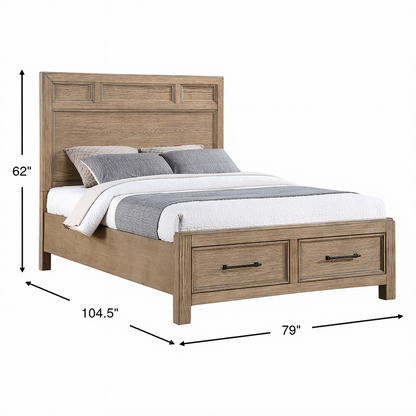Storage bed with paneled headboard, two drawers, light wood finish, gray and white bedding