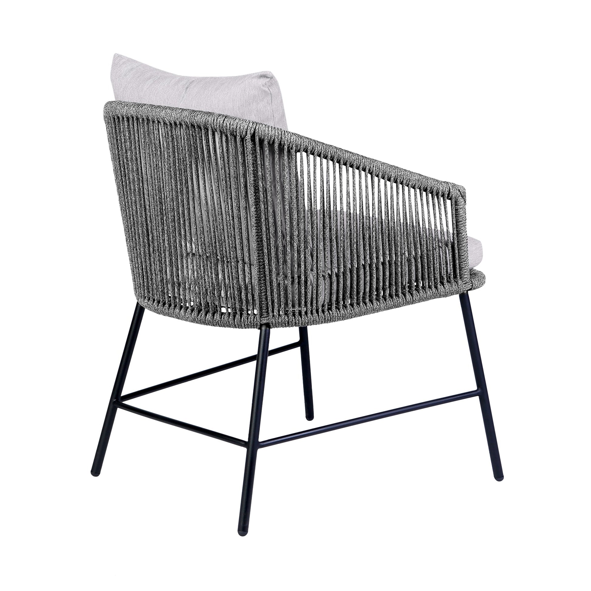 Calica Outdoor Patio Dining Chair in Black Metal and Gray Rope