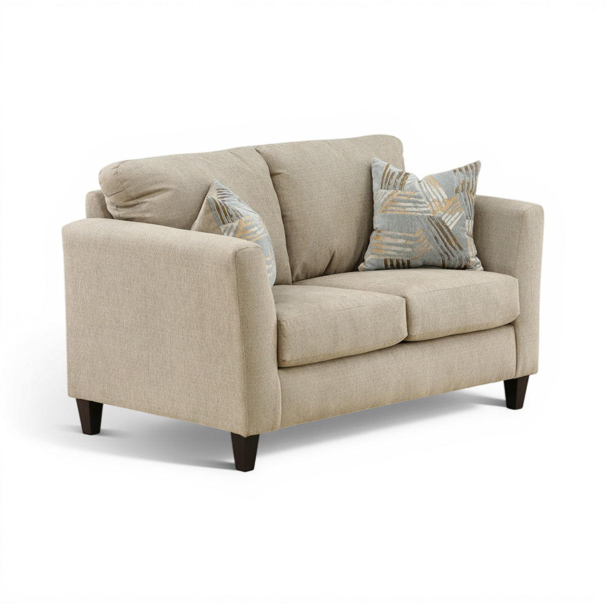 Light beige loveseat with two patterned throw pillows, cushioned seat, and dark legs