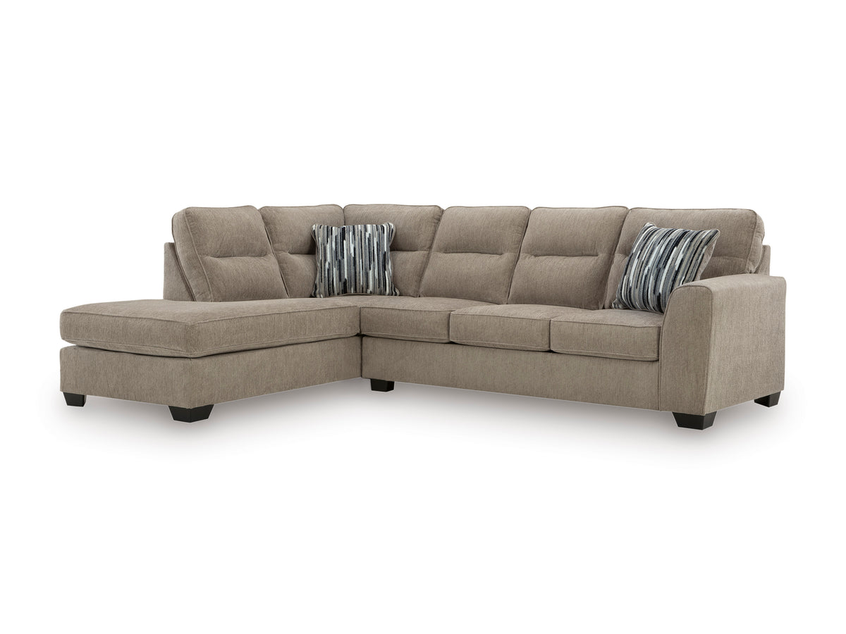 Mocha sectional with left-facing chaise, cushioned back and two striped accent pillows.