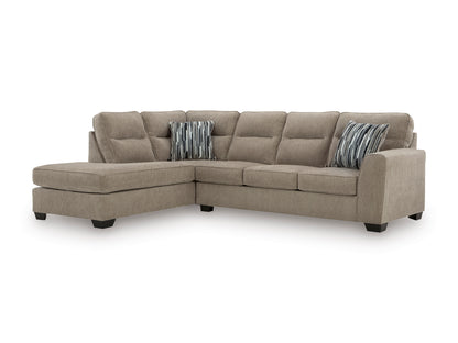 Mocha sectional with left-facing chaise, cushioned back and two striped accent pillows.