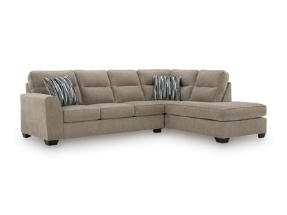 Mocha sectional with right-facing chaise, cushioned back and two striped accent pillows.