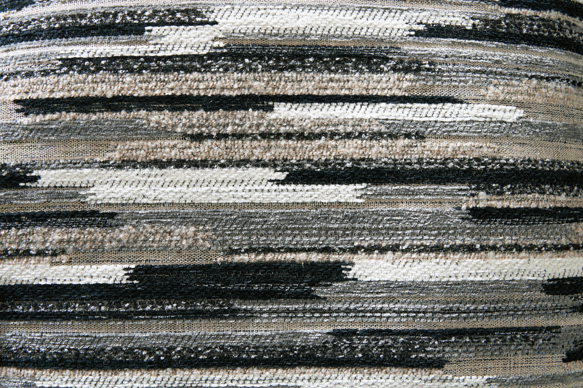 Sectional accent pillow fabric swatch with horizontal black, white and gray stripes.