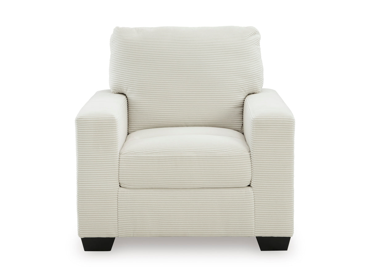 Amesley chair, off-white striped armchair with padded seat, backrest, and dark legs