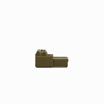 Modular sectional sofa with dual chaises, olive fabric, single corner chaise section