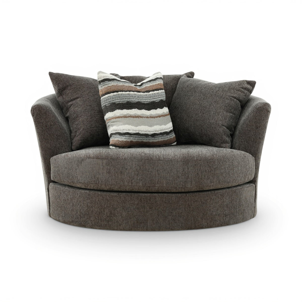 Dark gray fabric armchair with curved arms and a striped accent throw pillow