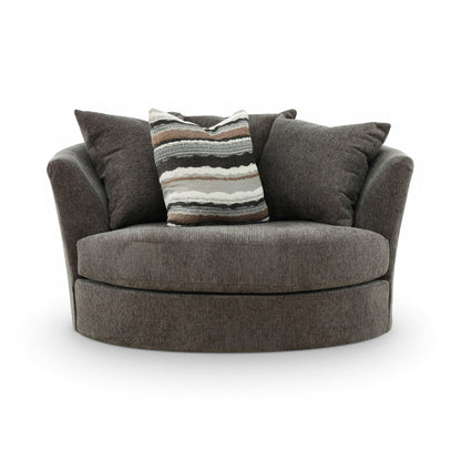 Dark gray fabric armchair with curved arms and a striped accent throw pillow