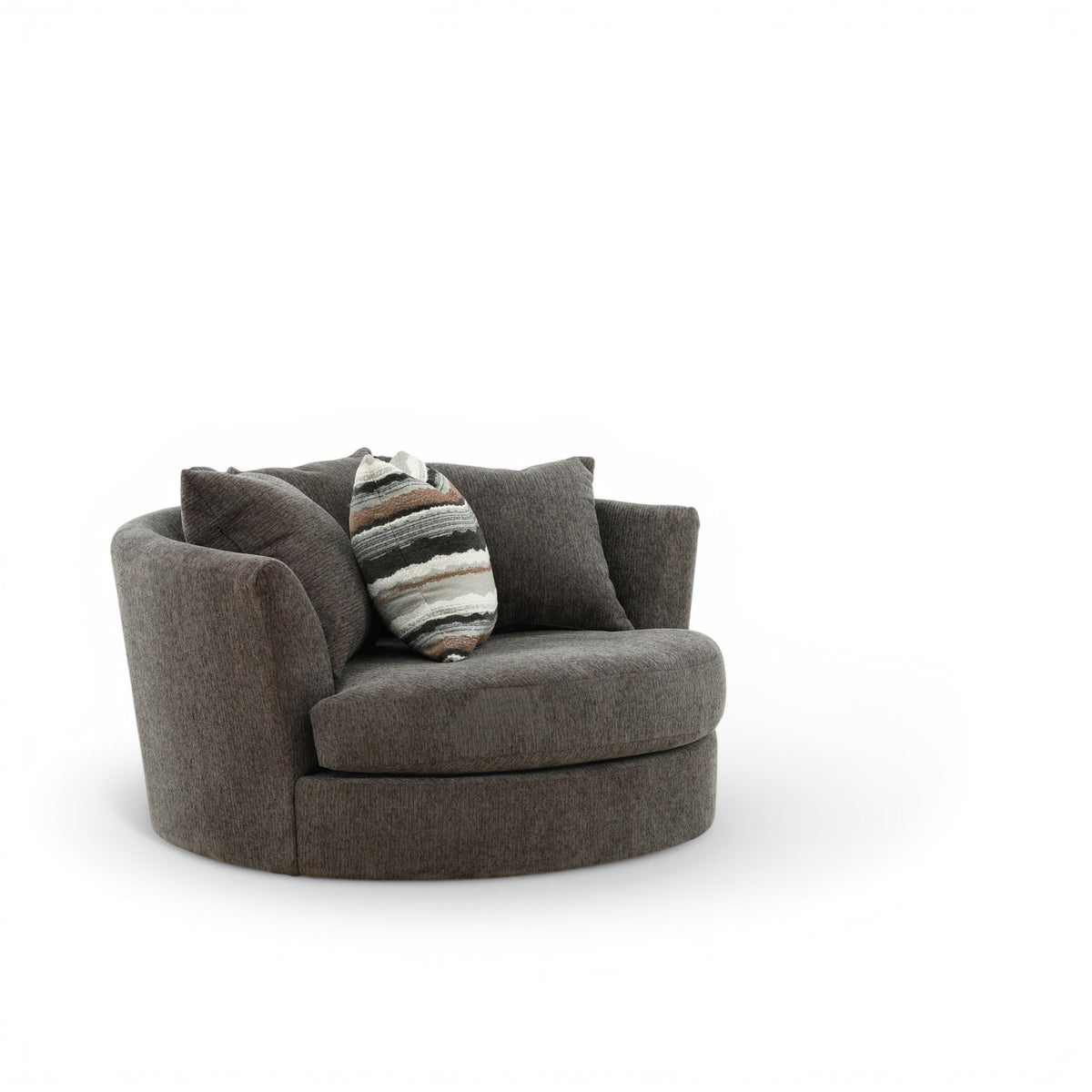Dark gray round armchair with curved arms and striped accent throw pillow