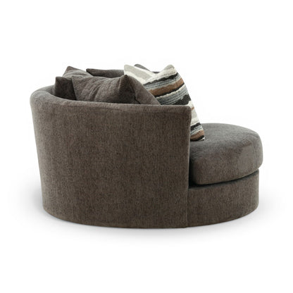 Dark gray upholstered armchair with curved back and striped throw pillow