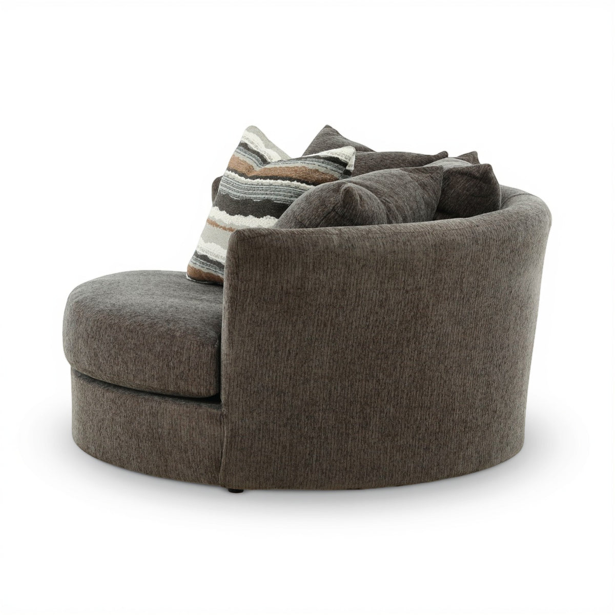 Dark gray fabric armchair with rounded arms and striped accent pillow