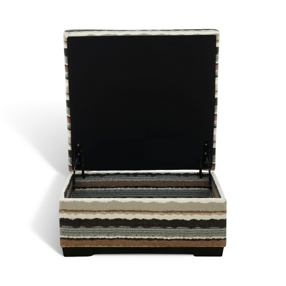 Open-top storage ottoman with striped sides and black lid lining, dark legs.