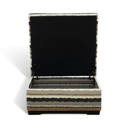 Open-top storage ottoman with striped sides and black lid lining, dark legs.