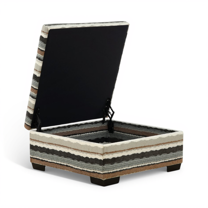 Open storage ottoman showing dark interior lining and striped upholstery on frame.